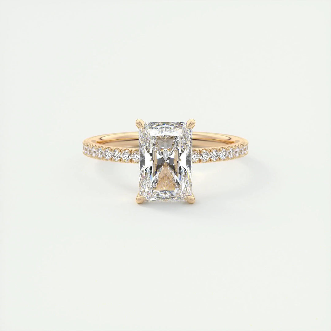 Radiant pave engagement ring shown on hand for true-to-life sizing