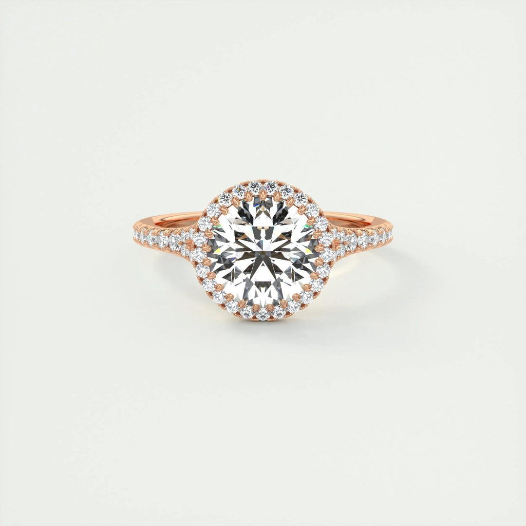 Detailed close-up of round halo diamond engagement ring