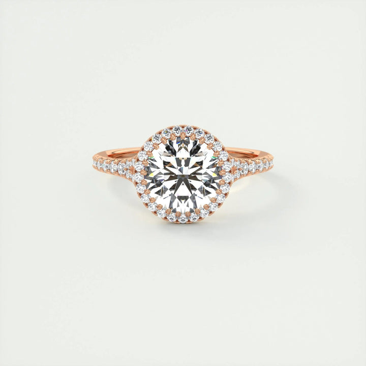 Detailed close-up of round halo diamond engagement ring