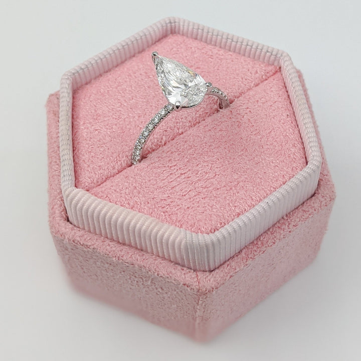 Pear pave lab grown diamond ring side profile in gold setting