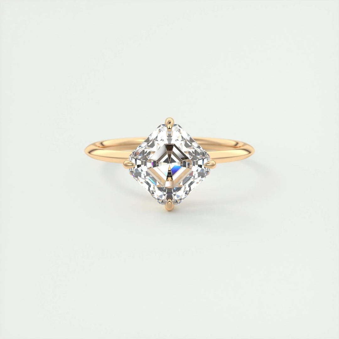 Lifestyle shot of asscher solitaire diamond ring on hand