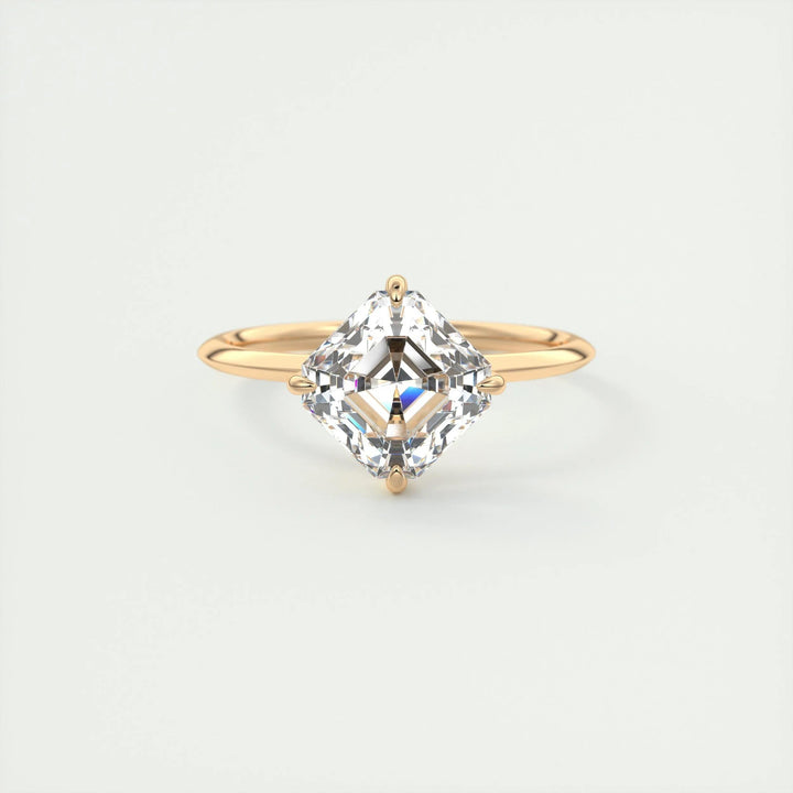 Lifestyle shot of asscher solitaire diamond ring on hand