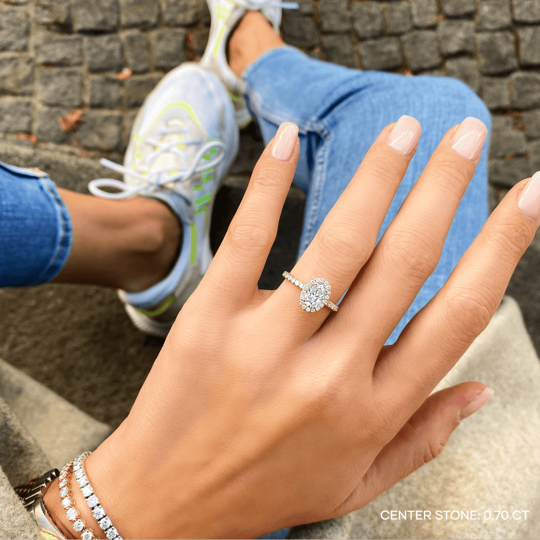 Oval pave lab grown diamond ring side profile in gold setting