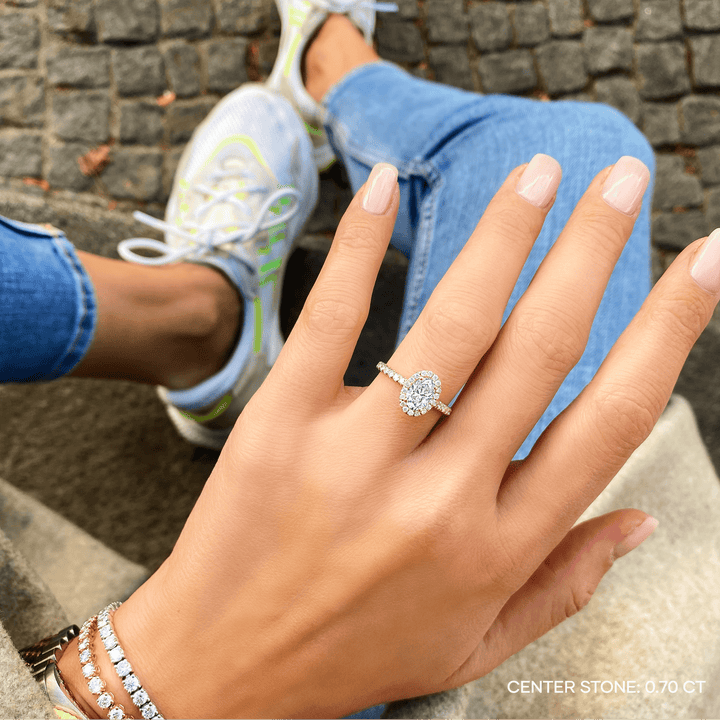Oval pave lab grown diamond ring side profile in gold setting