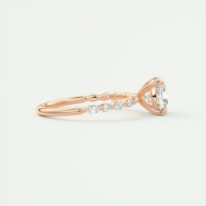 Detailed close-up of cushion solitaire diamond engagement ring