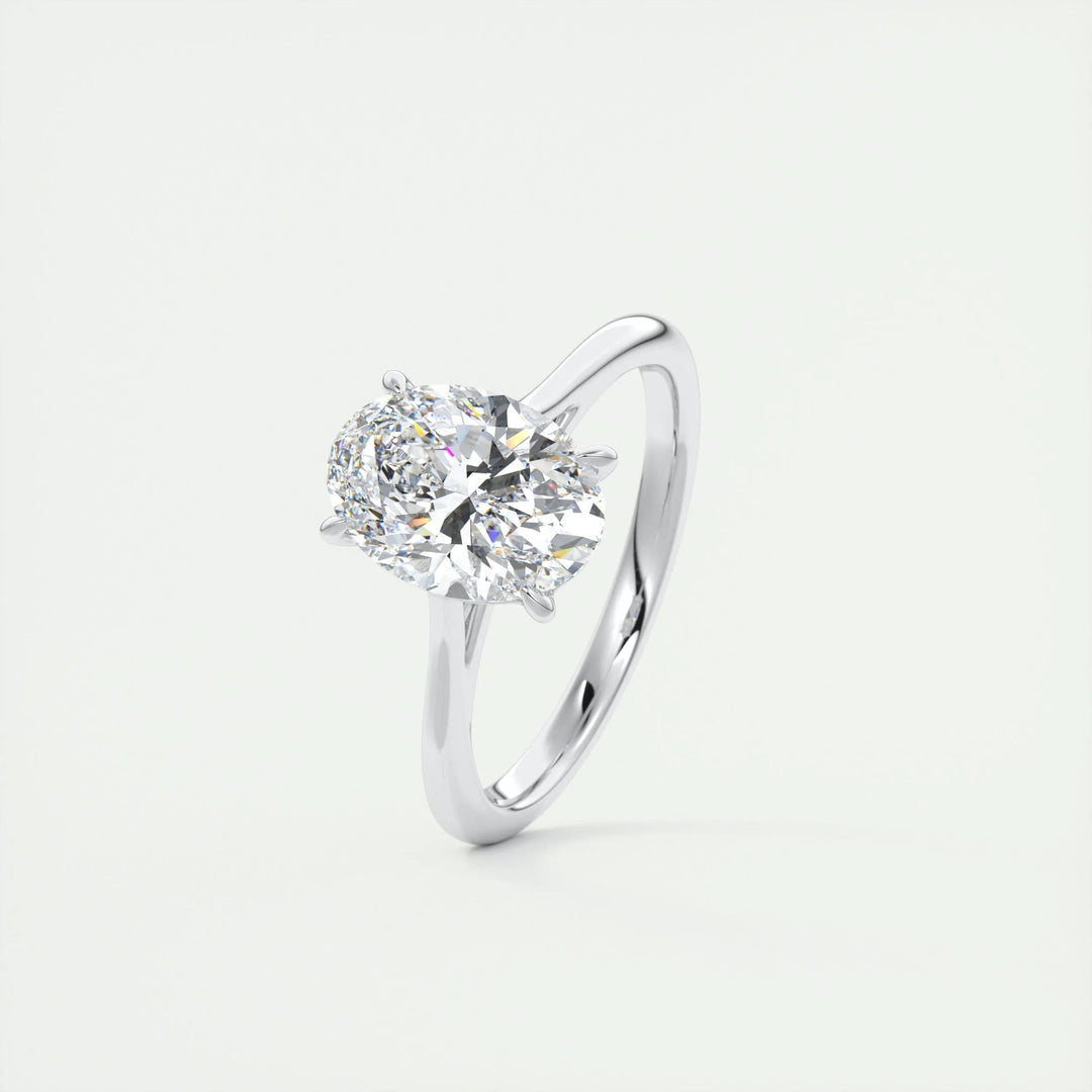 Close-up of oval cut center diamond in solitaire engagement ring