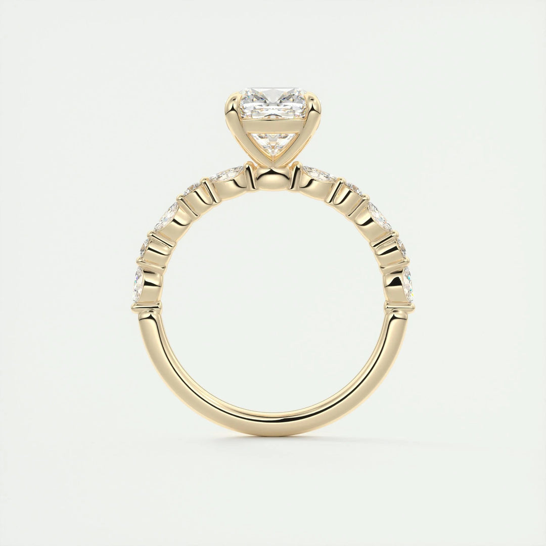 Close-up of cushion cut center diamond in solitaire engagement ring