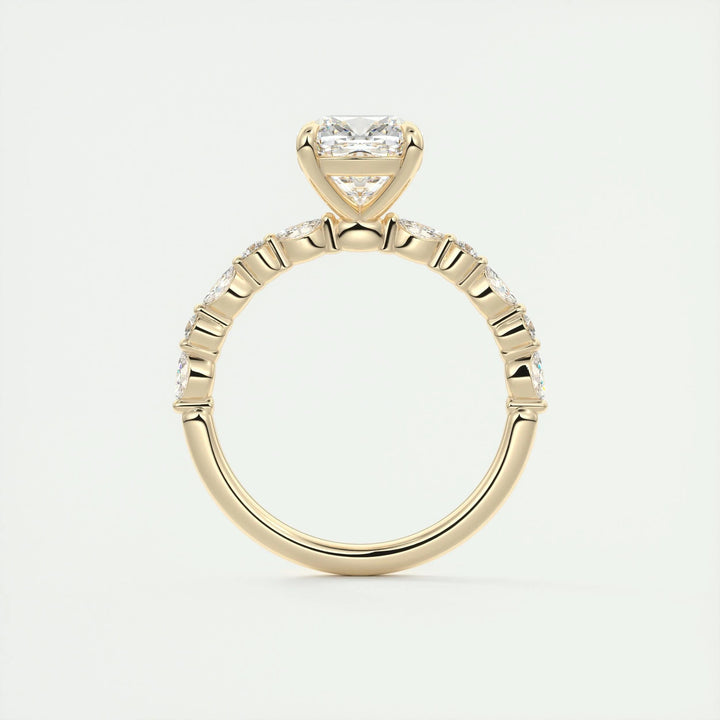 Close-up of cushion cut center diamond in solitaire engagement ring