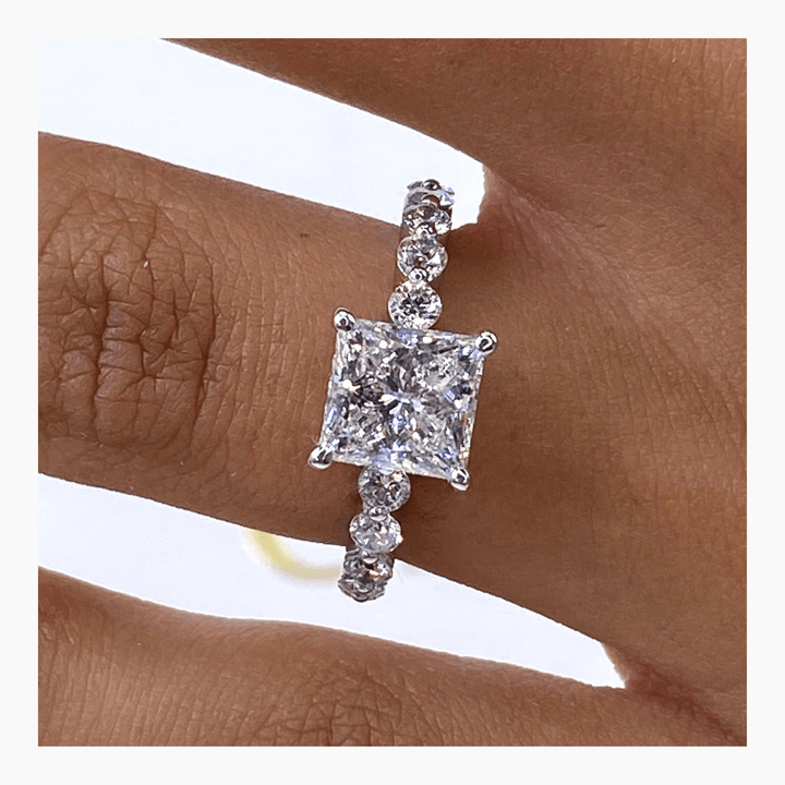 Princess pave engagement ring viewed from the side
