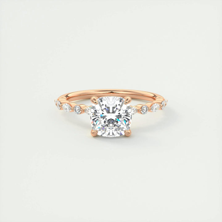 Macro shot of cushion cut diamond facets in solitaire ring setting