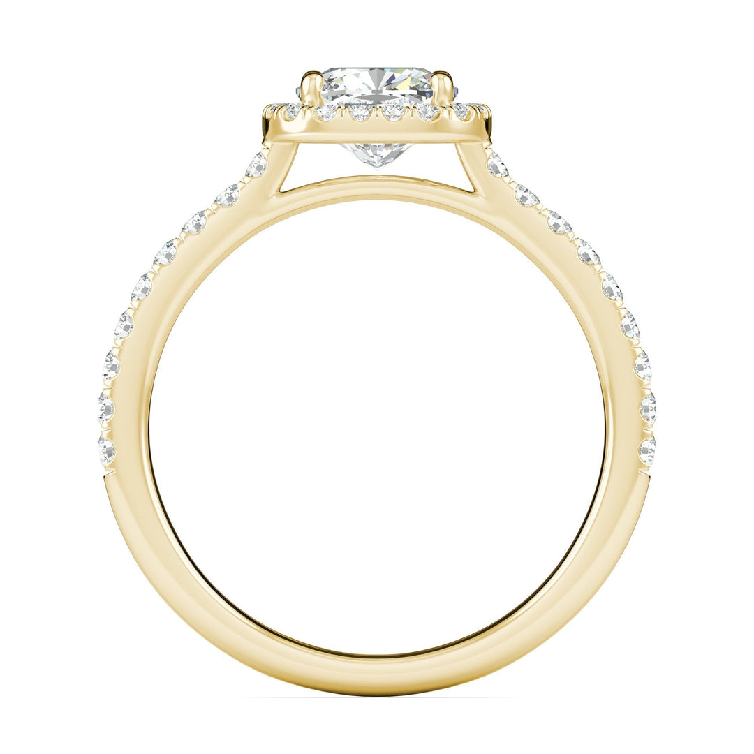 Cushion cut engagement ring side view showing band detail