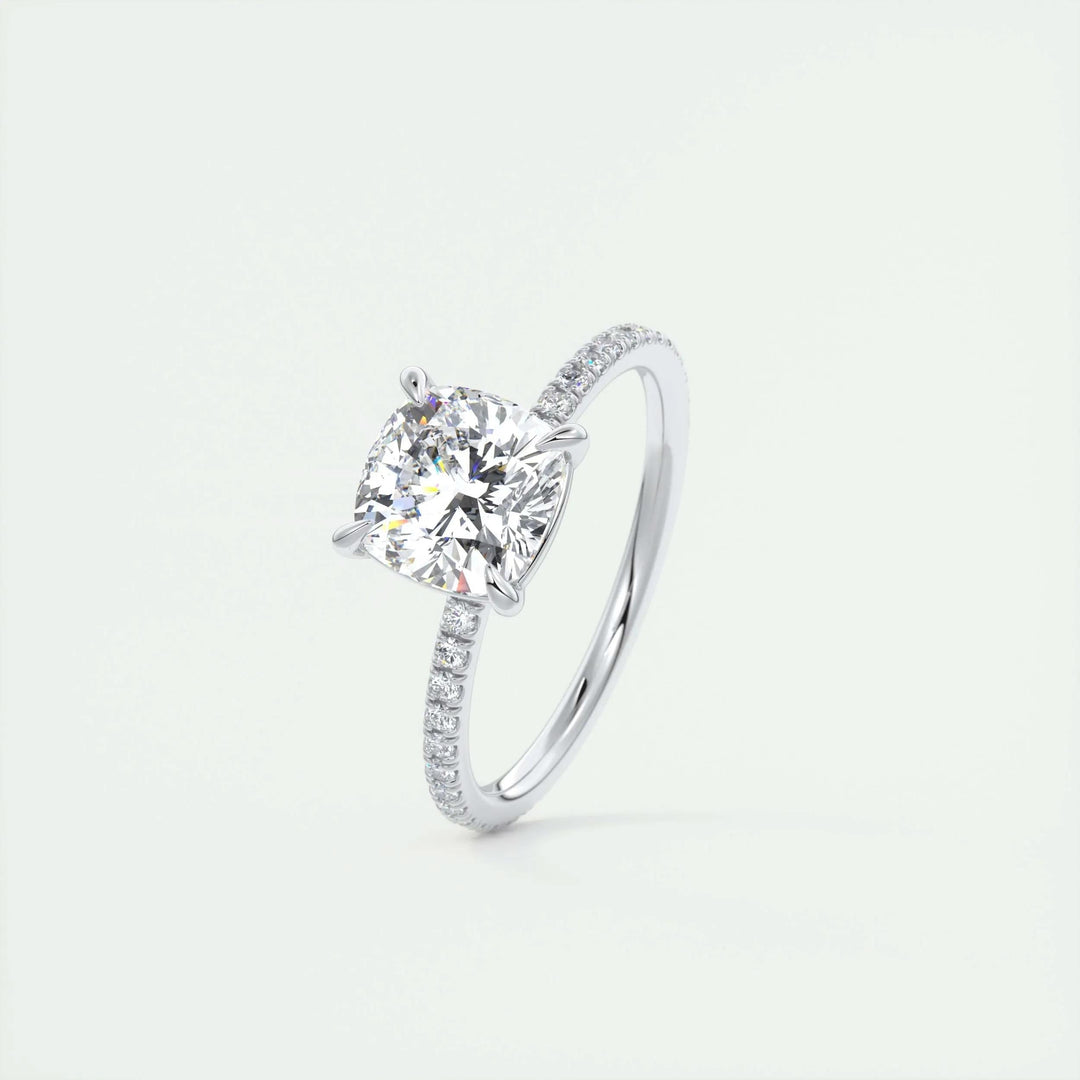 Cushion cut pave engagement ring with IGI certified center diamond