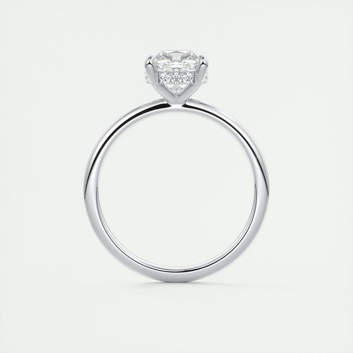 Cushion hidden halo engagement ring close-up showing F-/VS1 diamond clarity