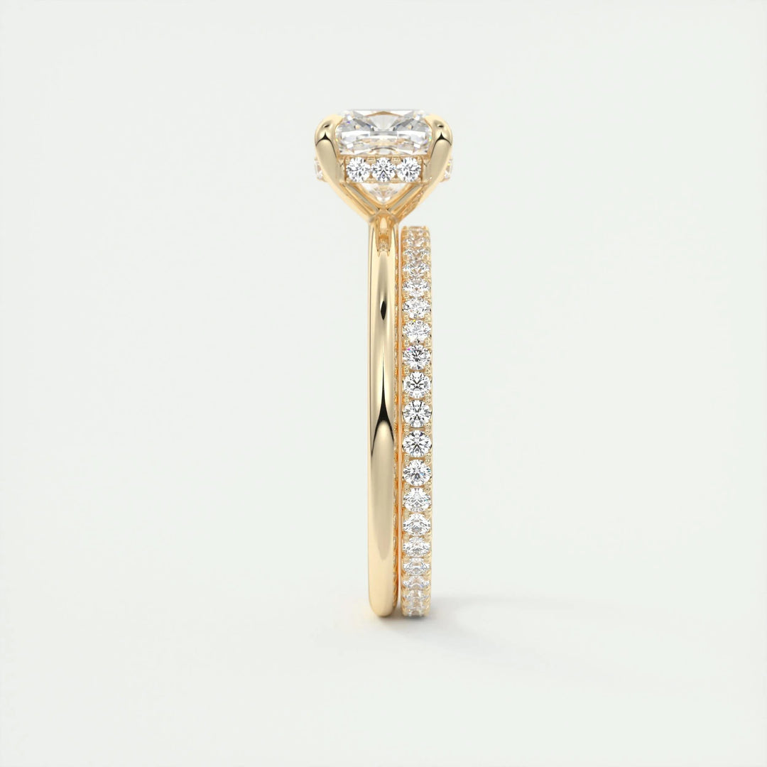 Cushion hidden halo engagement ring viewed from the side