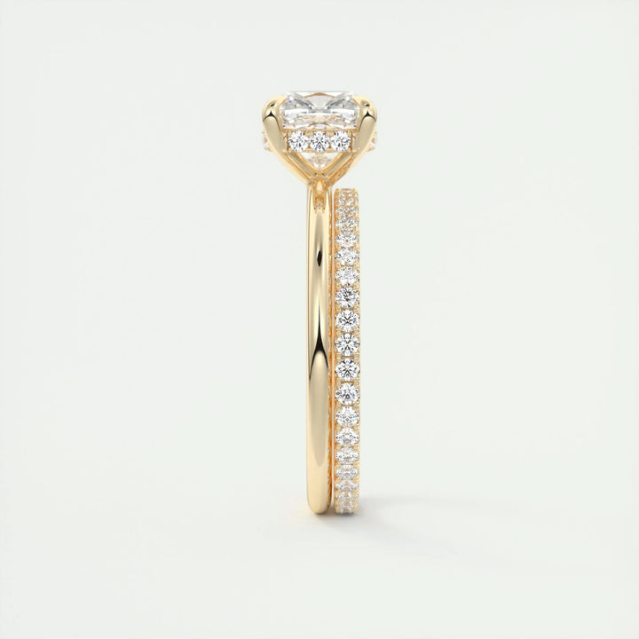 Cushion hidden halo engagement ring viewed from the side