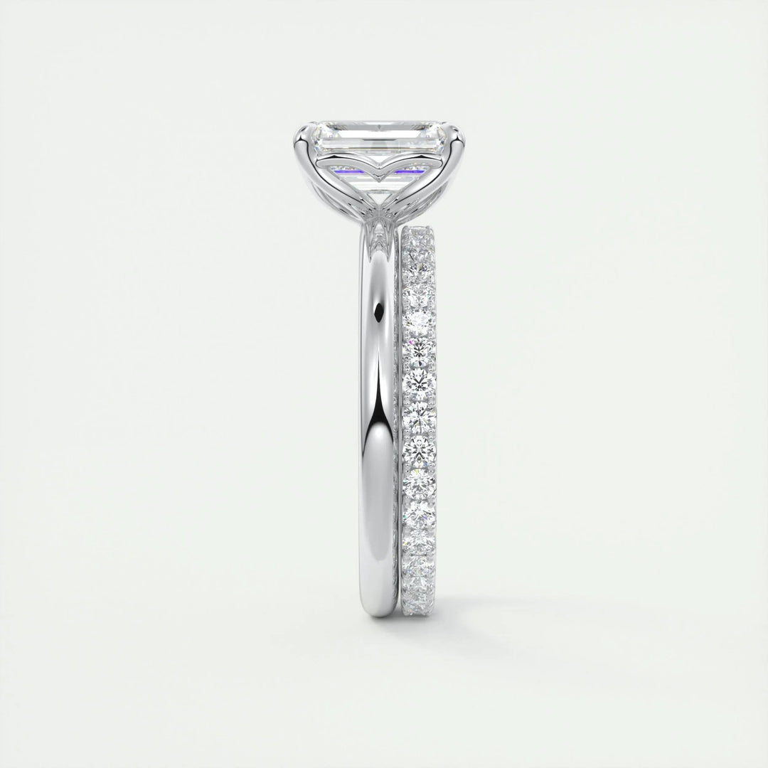 Emerald cut engagement ring side view showing band detail