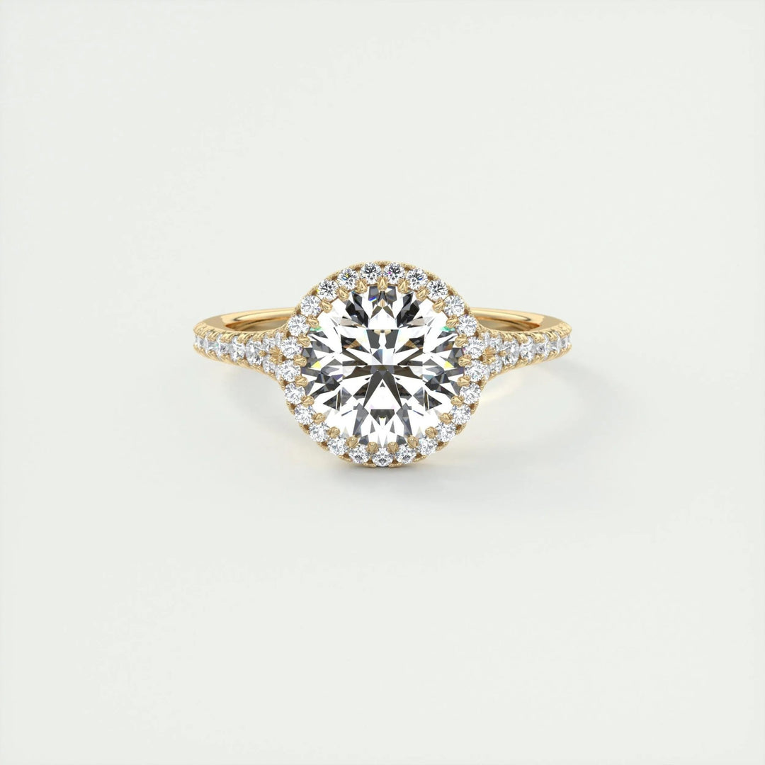Angled view of round cut diamond in halo setting