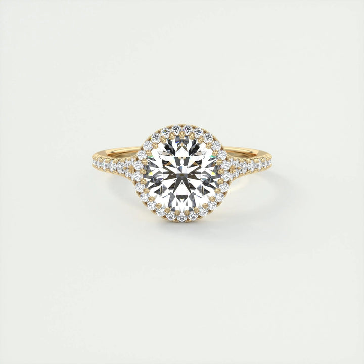 Angled view of round cut diamond in halo setting