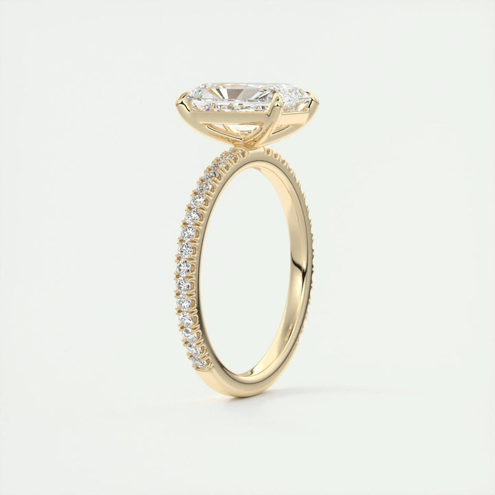 Profile view of radiant cut pave engagement ring band