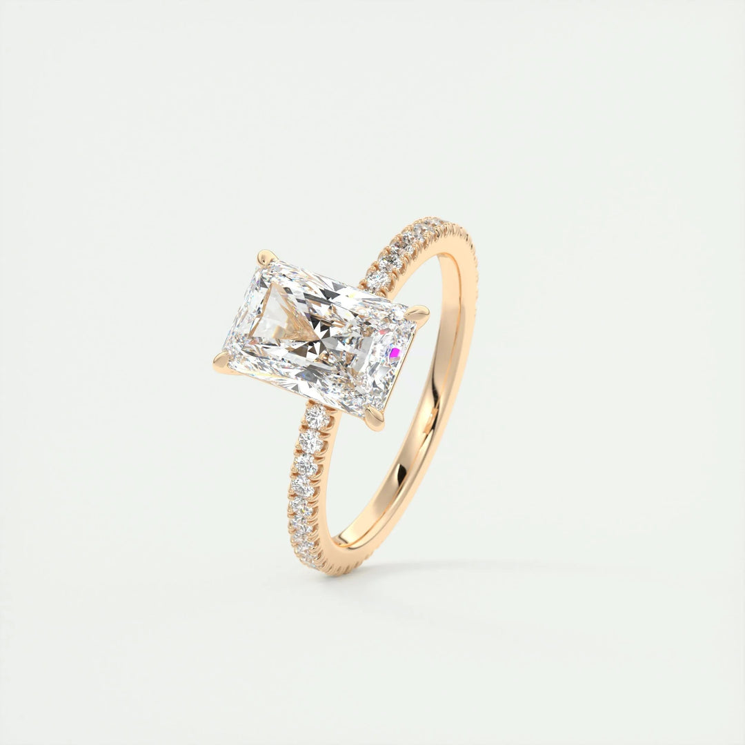 Radiant cut pave engagement ring shown in real-life wear