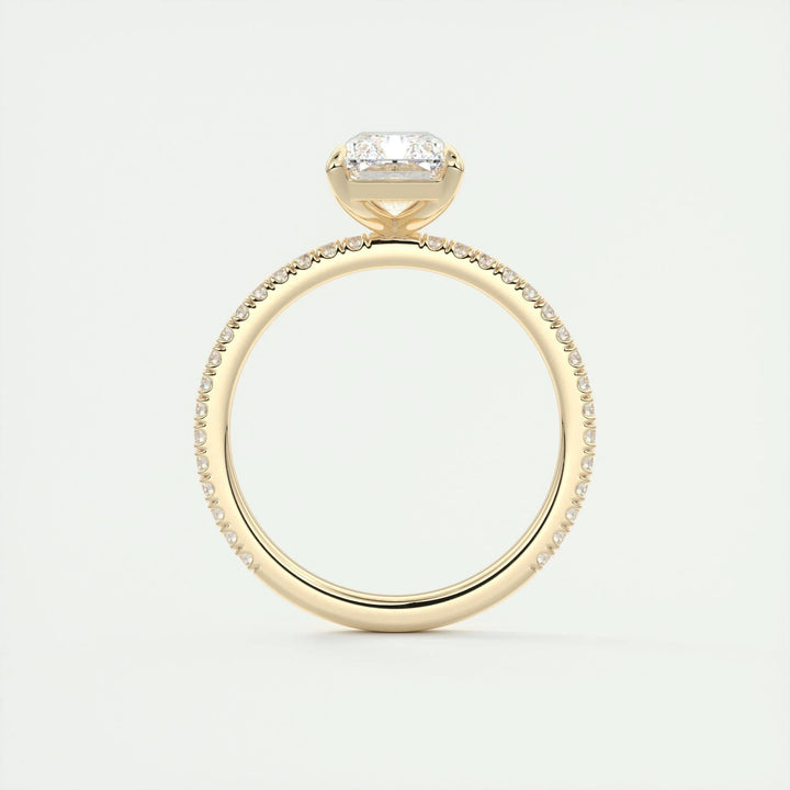 Radiant pave engagement ring viewed from the side