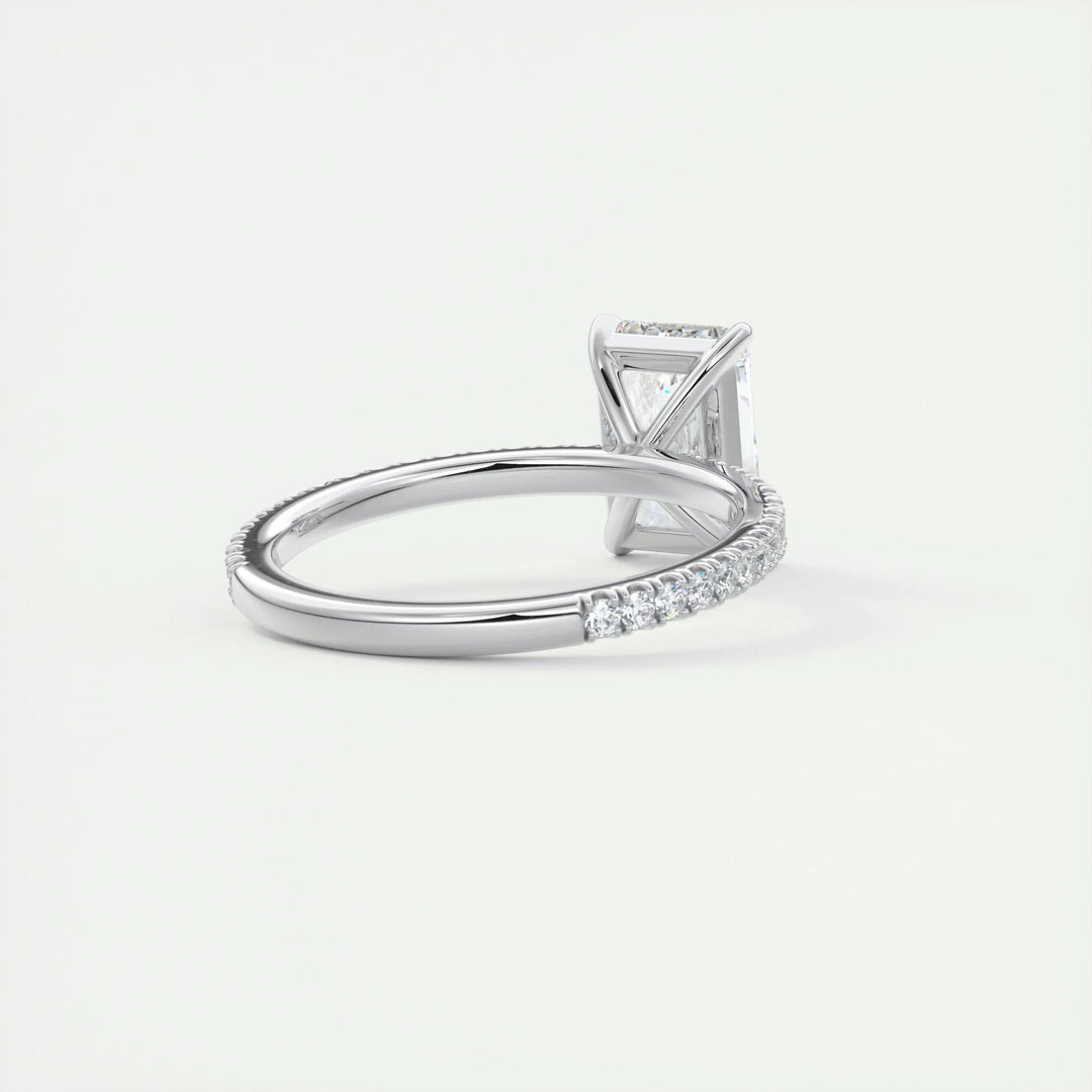 Radiant pave diamond ring displayed on jewelry stand