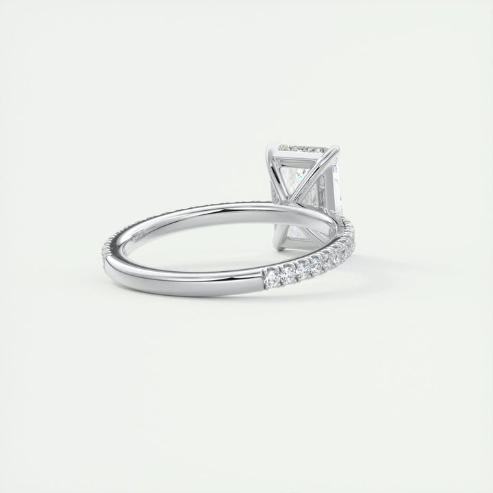 Radiant pave diamond ring displayed on jewelry stand