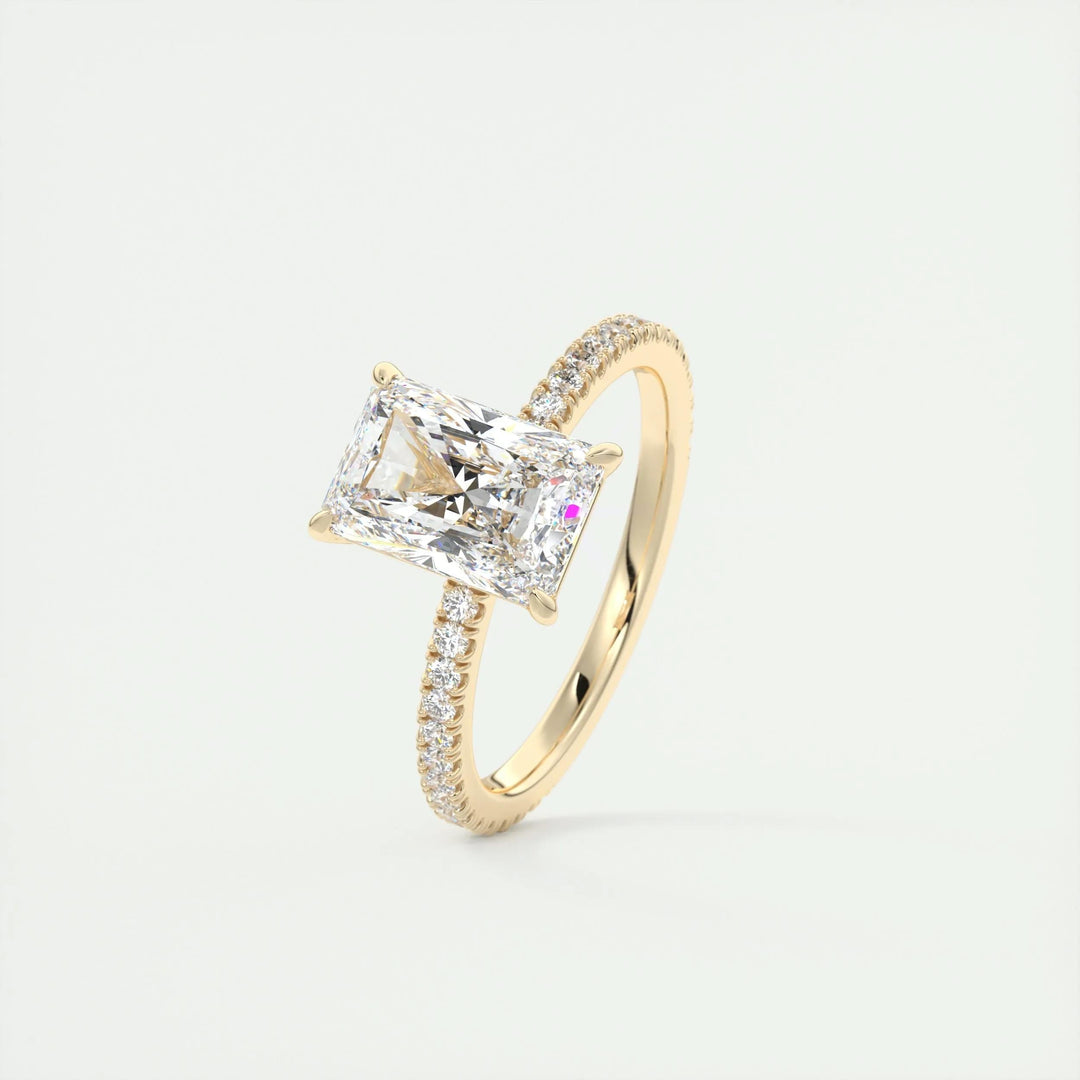 Radiant cut engagement ring side view showing band detail
