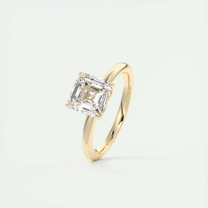 Asscher solitaire engagement ring close-up highlighting diamond sparkle