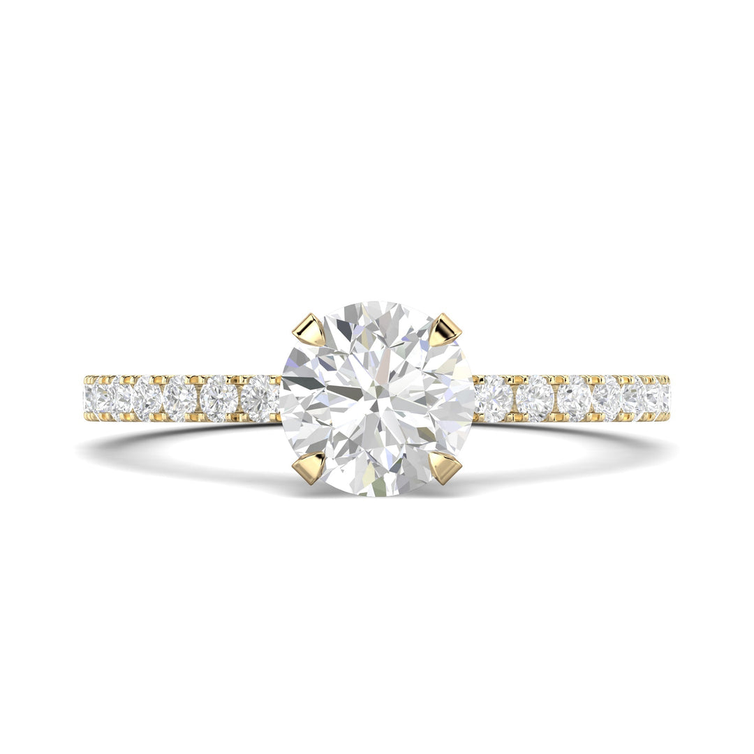 Angled view of round cut diamond in pave setting