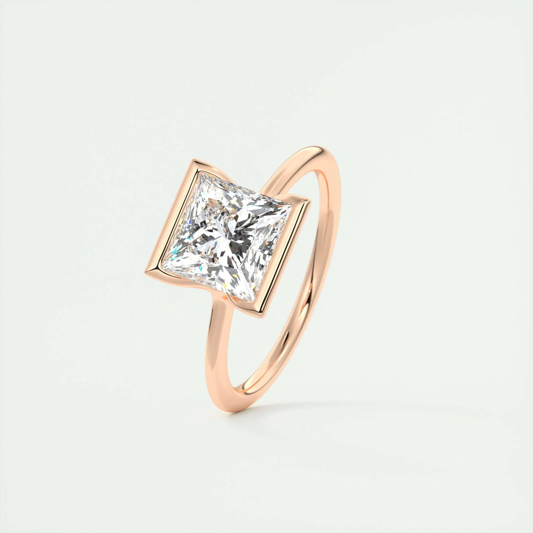 Angled view of princess cut diamond in solitaire setting