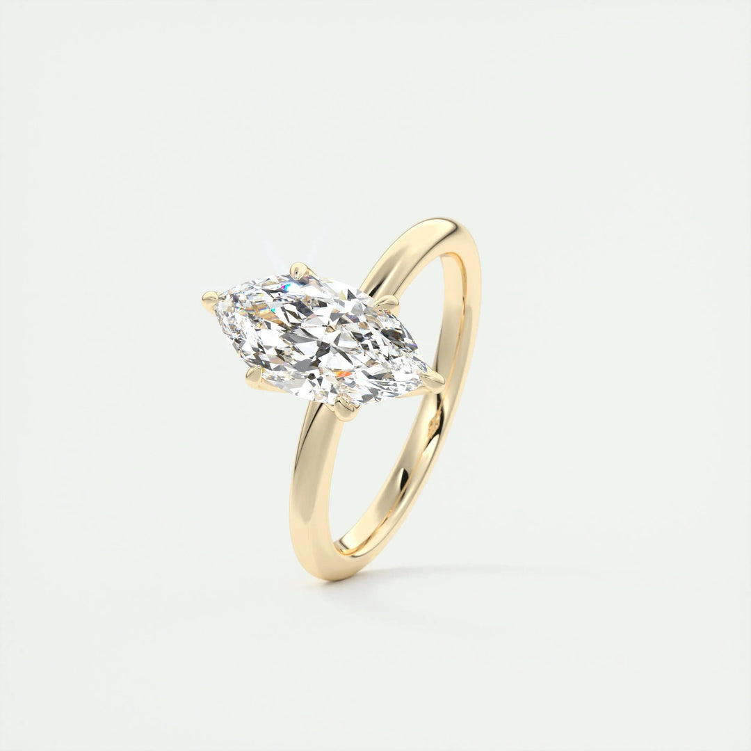 Angled view of marquise cut diamond in solitaire setting