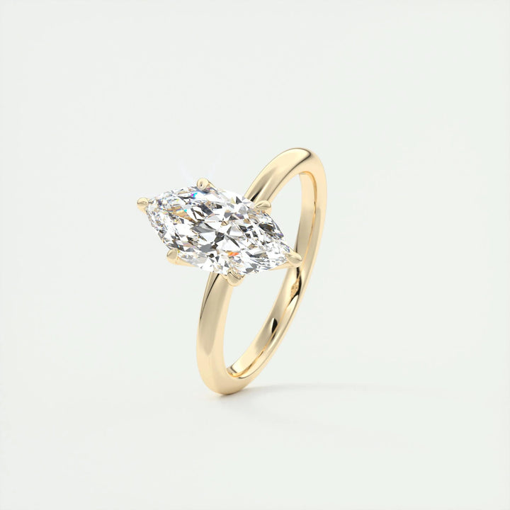 Angled view of marquise cut diamond in solitaire setting