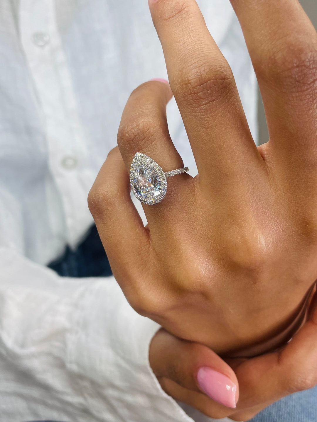 Handcrafted pear cut halo lab grown diamond engagement ring