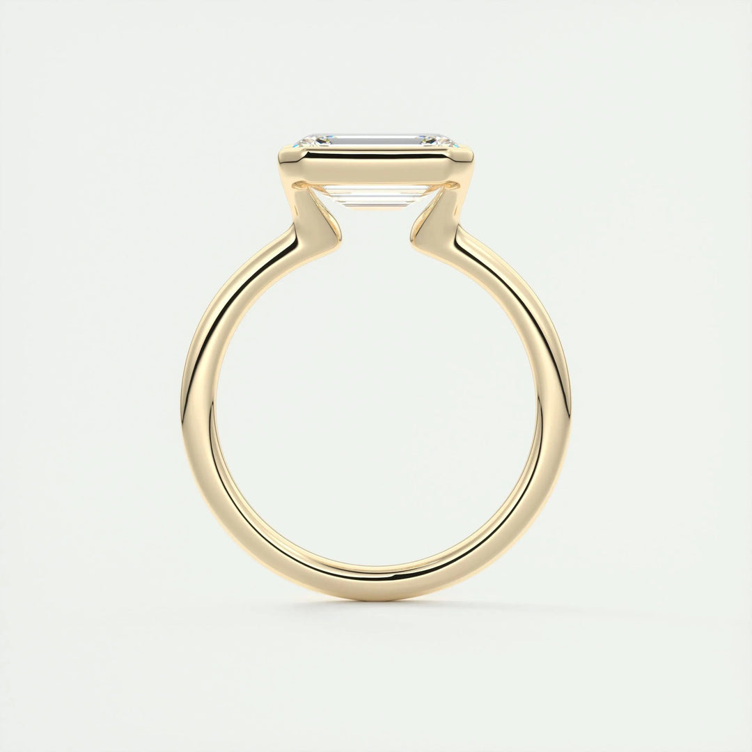 Angled view of emerald cut diamond in solitaire setting