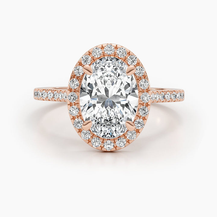 Side angle of oval halo diamond engagement ring