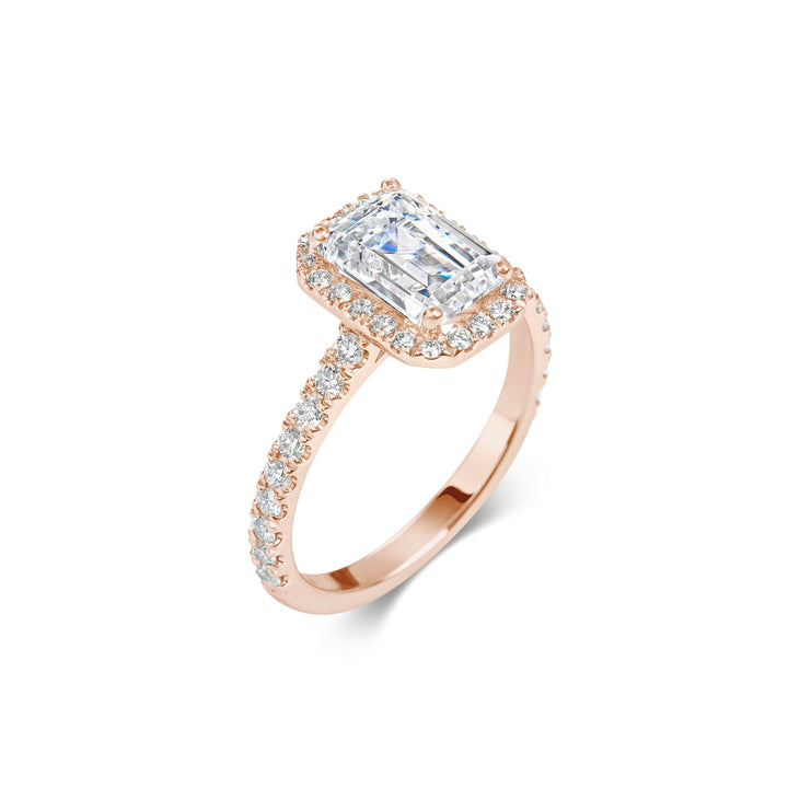 Emerald pave engagement ring with certified lab grown diamond