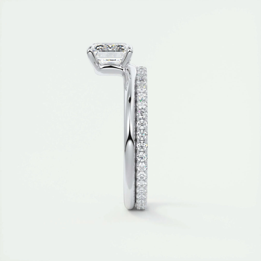 Emerald cut engagement ring side view showing band detail