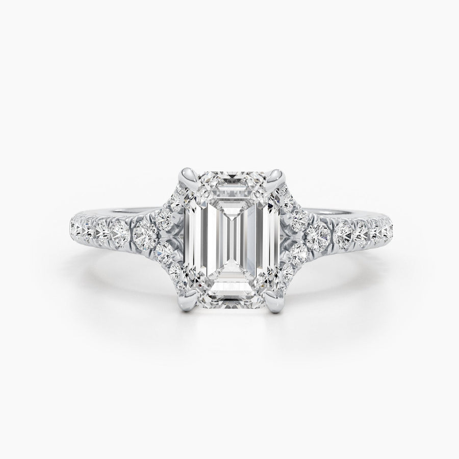 2.1CT emerald cut split shank engagement ring available to buy now