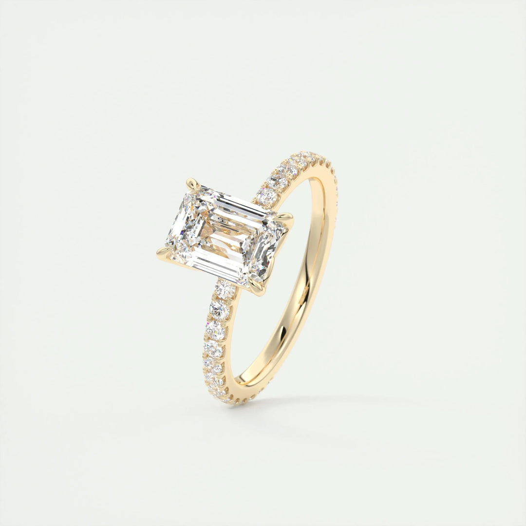 Top-down view of emerald cut pave engagement ring