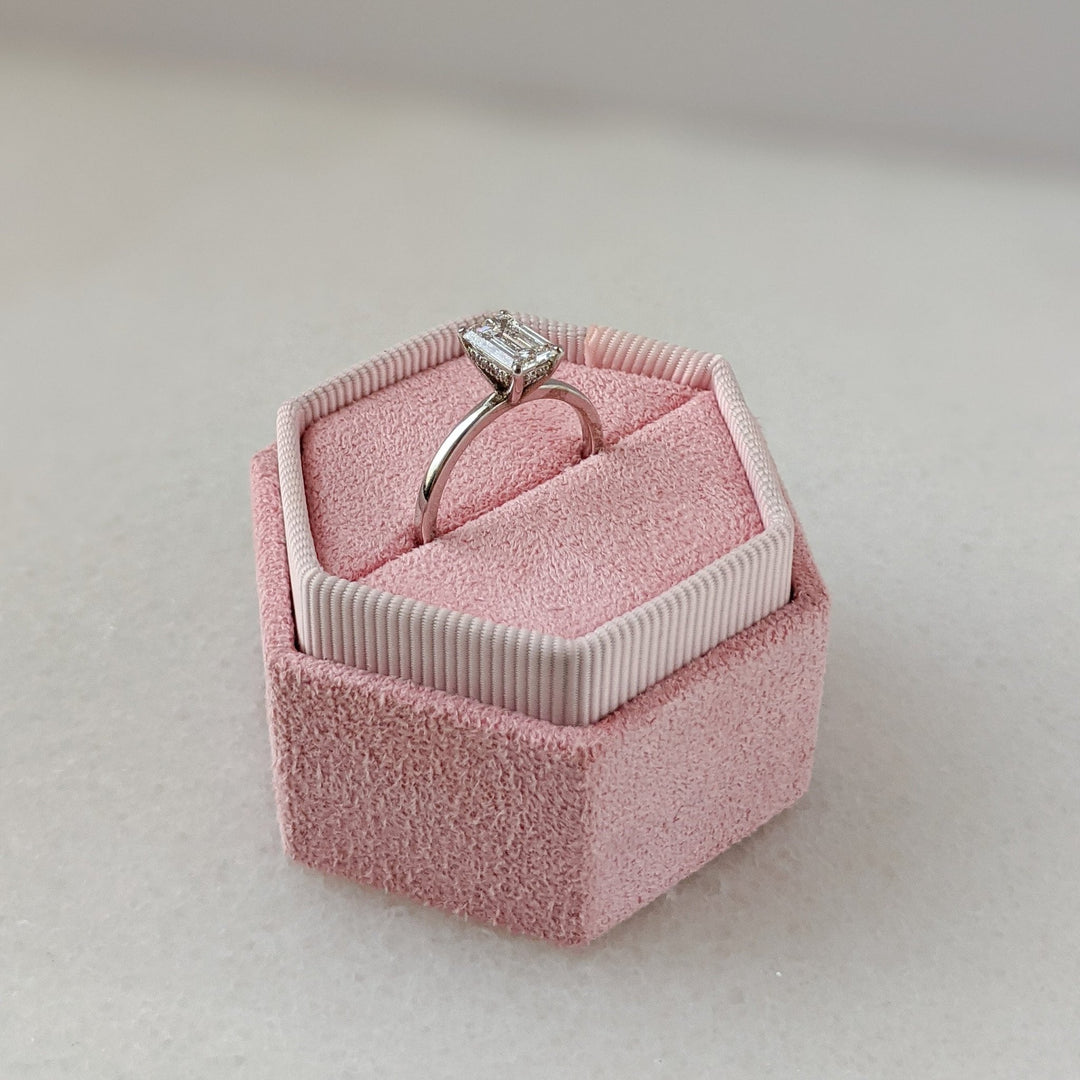 Shop emerald cut hidden halo lab grown diamond engagement ring online