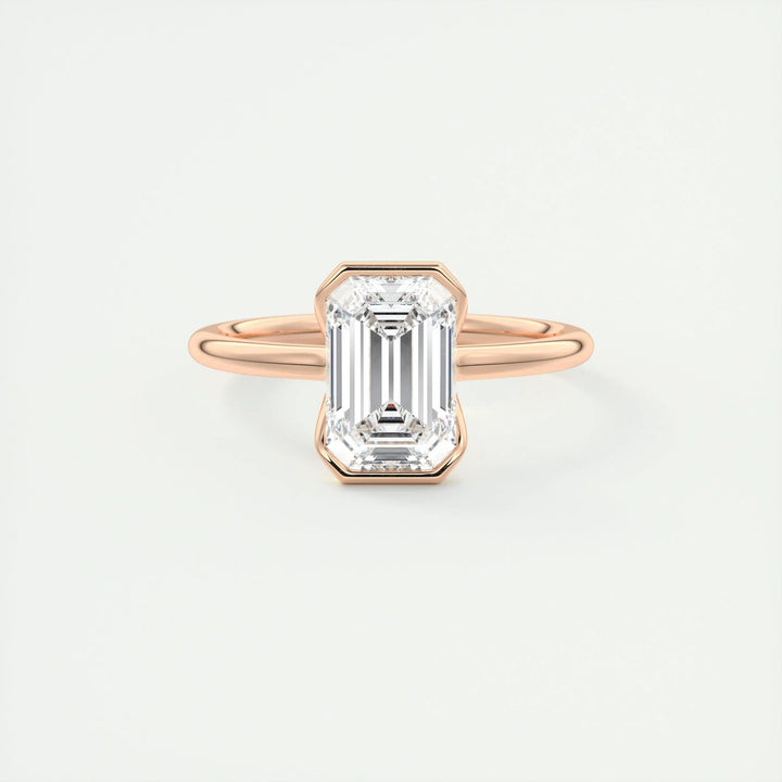 Emerald solitaire lab grown diamond ring side profile in gold setting