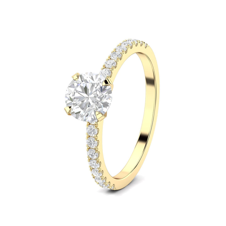 Round pave engagement ring close-up showing F-/VS1 diamond clarity