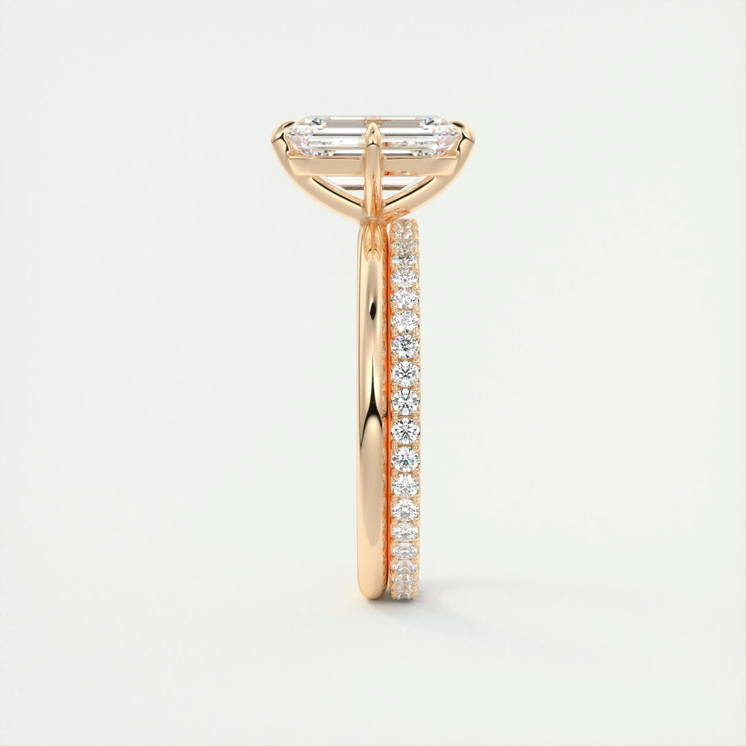 Profile view of emerald cut solitaire engagement ring band