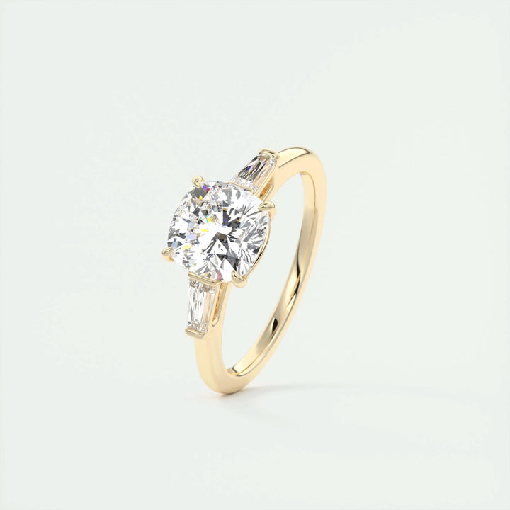 Cushion three stone engagement ring with IGI certificate and packaging