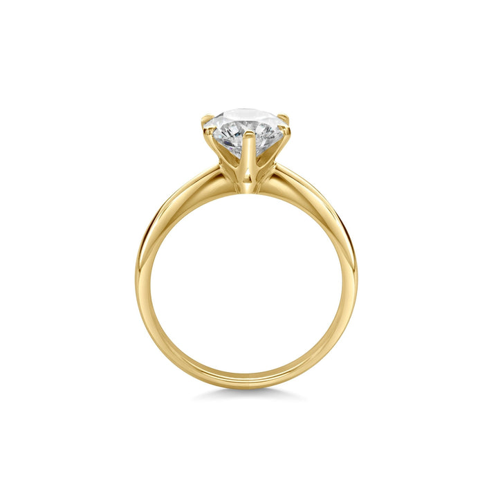 Close-up of round cut center diamond in solitaire engagement ring