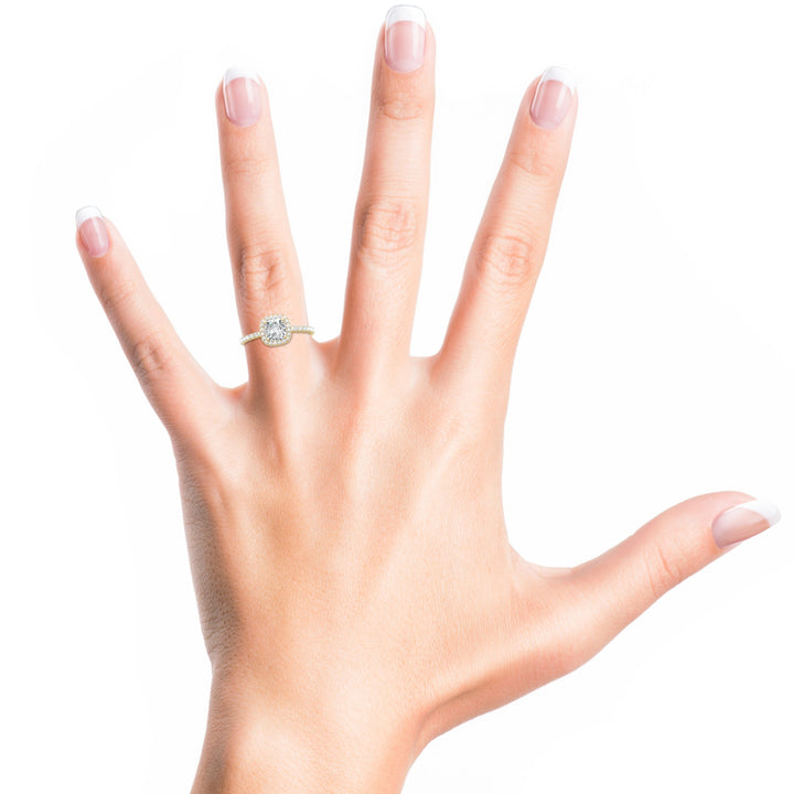 Side angle of cushion pave diamond engagement ring