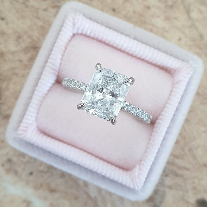 Discover radiant hidden halo lab grown diamond engagement ring online