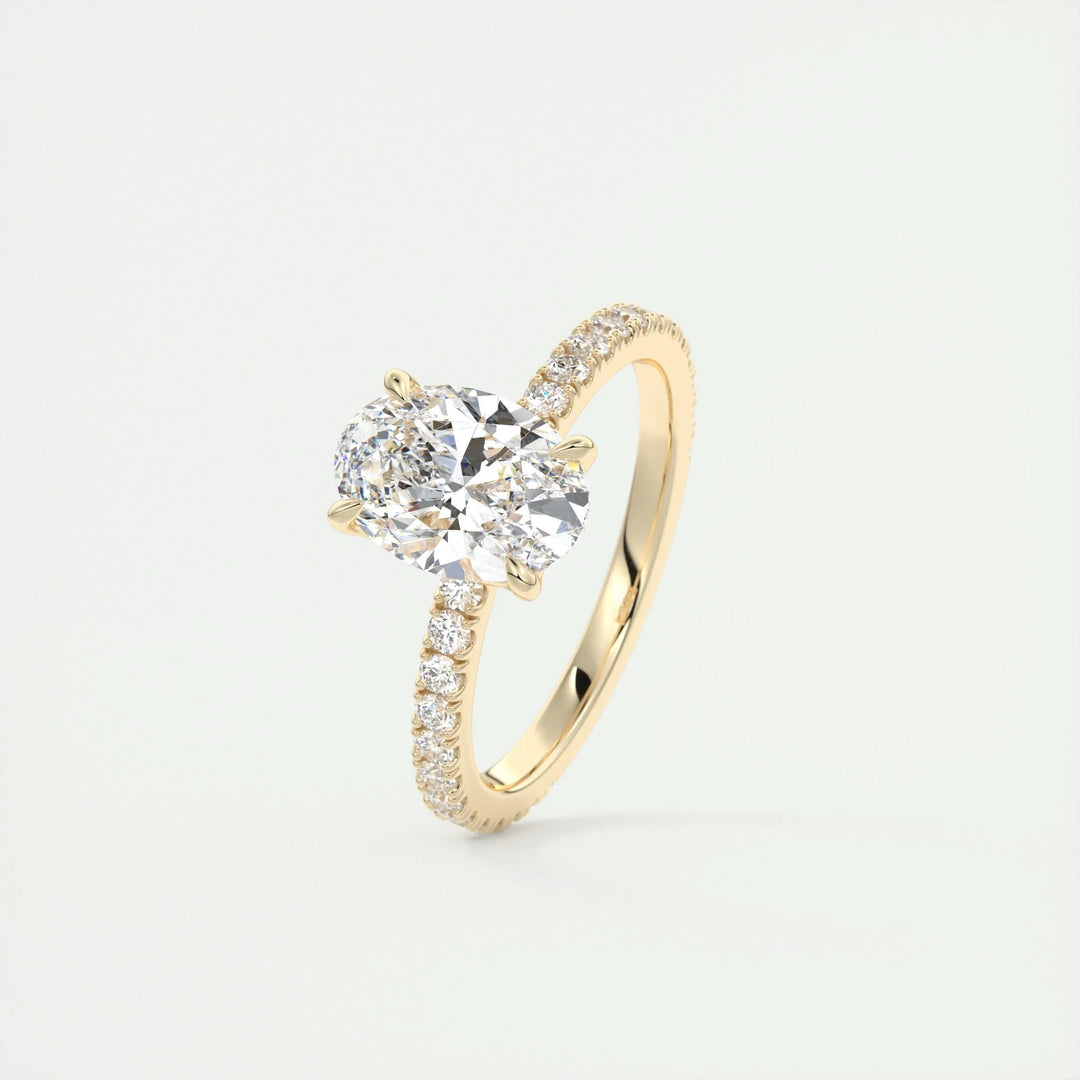Oval pave lab grown diamond ring side profile in gold setting