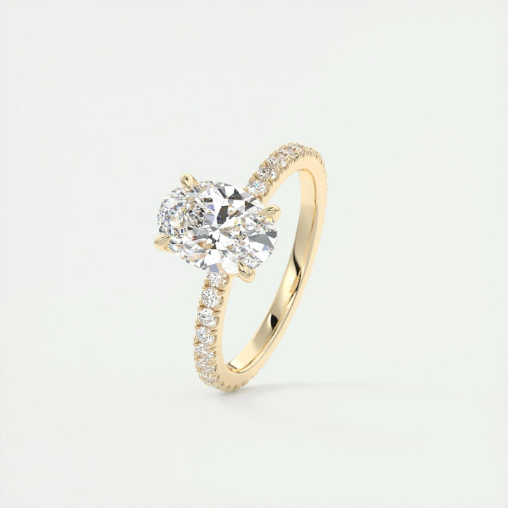 Oval pave lab grown diamond ring side profile in gold setting